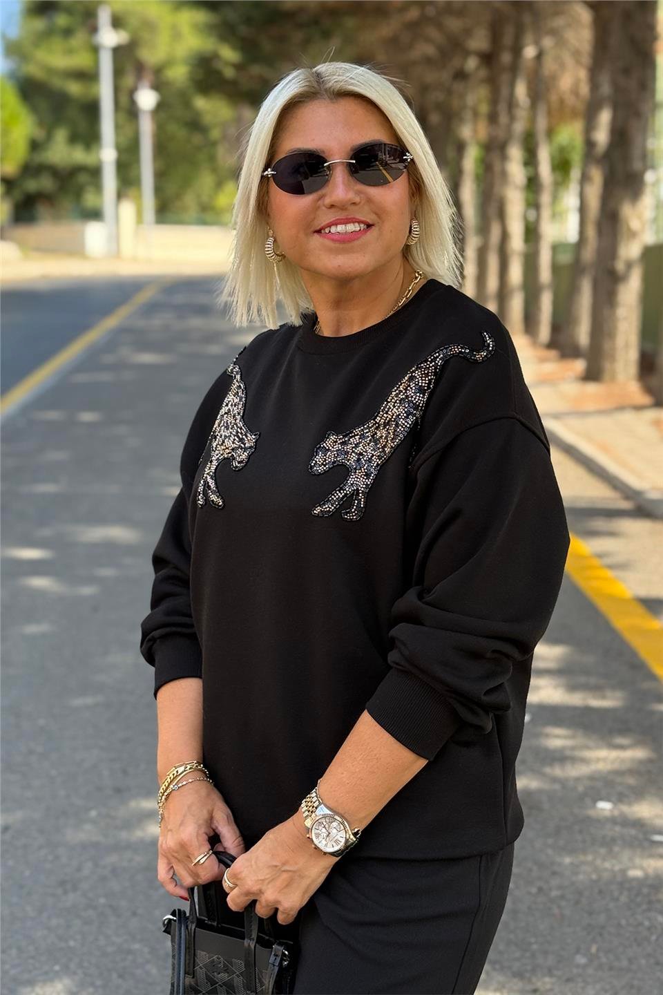 Siyah Omuzları Kaplan Nakışlı SweatUSW0243015-SIYAH-S