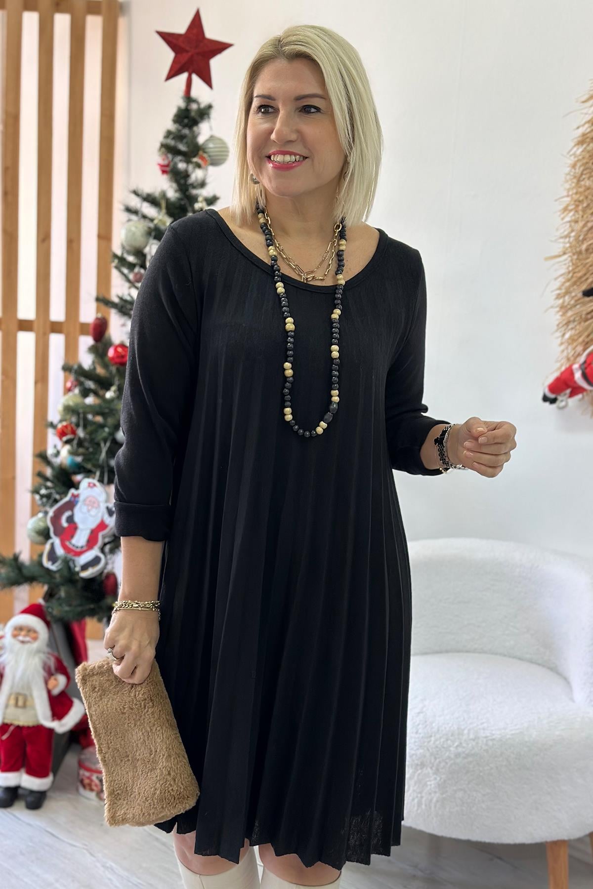 Siyah Pileli Örme Triko Kolyeli ElbiseELB2401210-SIYAH-STD
