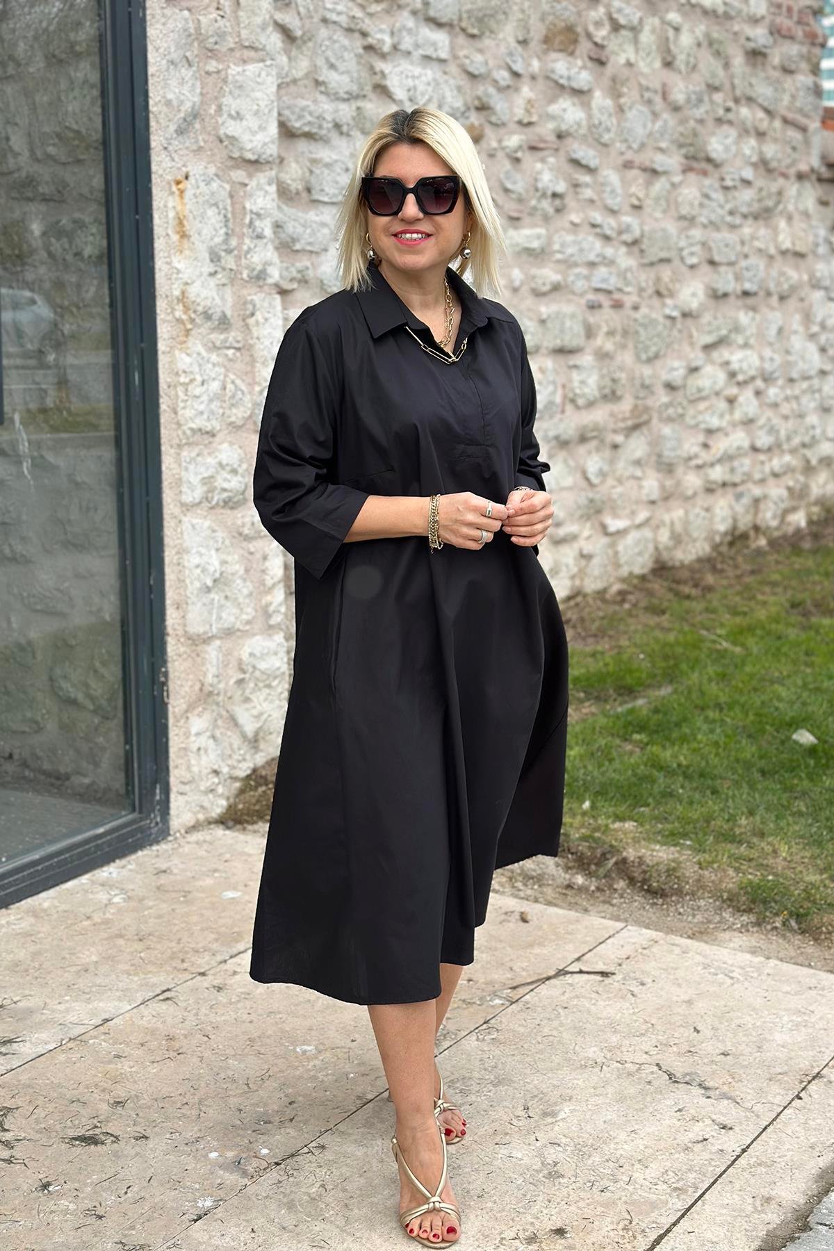 Siyah Polo Yaka Salaş Cotton Çift Cepli ElbiseELB2401230-SIYAH-S