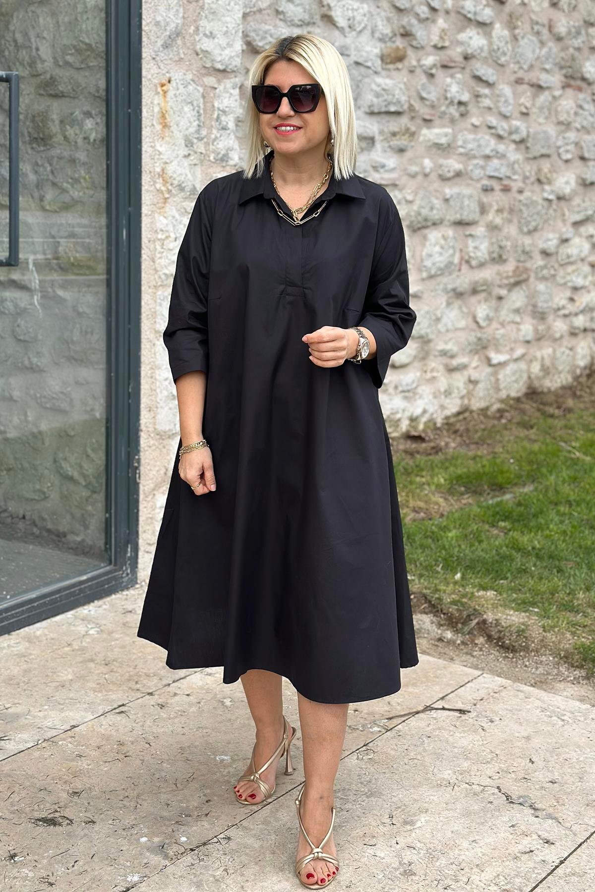 Siyah Polo Yaka Salaş Cotton Çift Cepli ElbiseELB2401230-SIYAH-S
