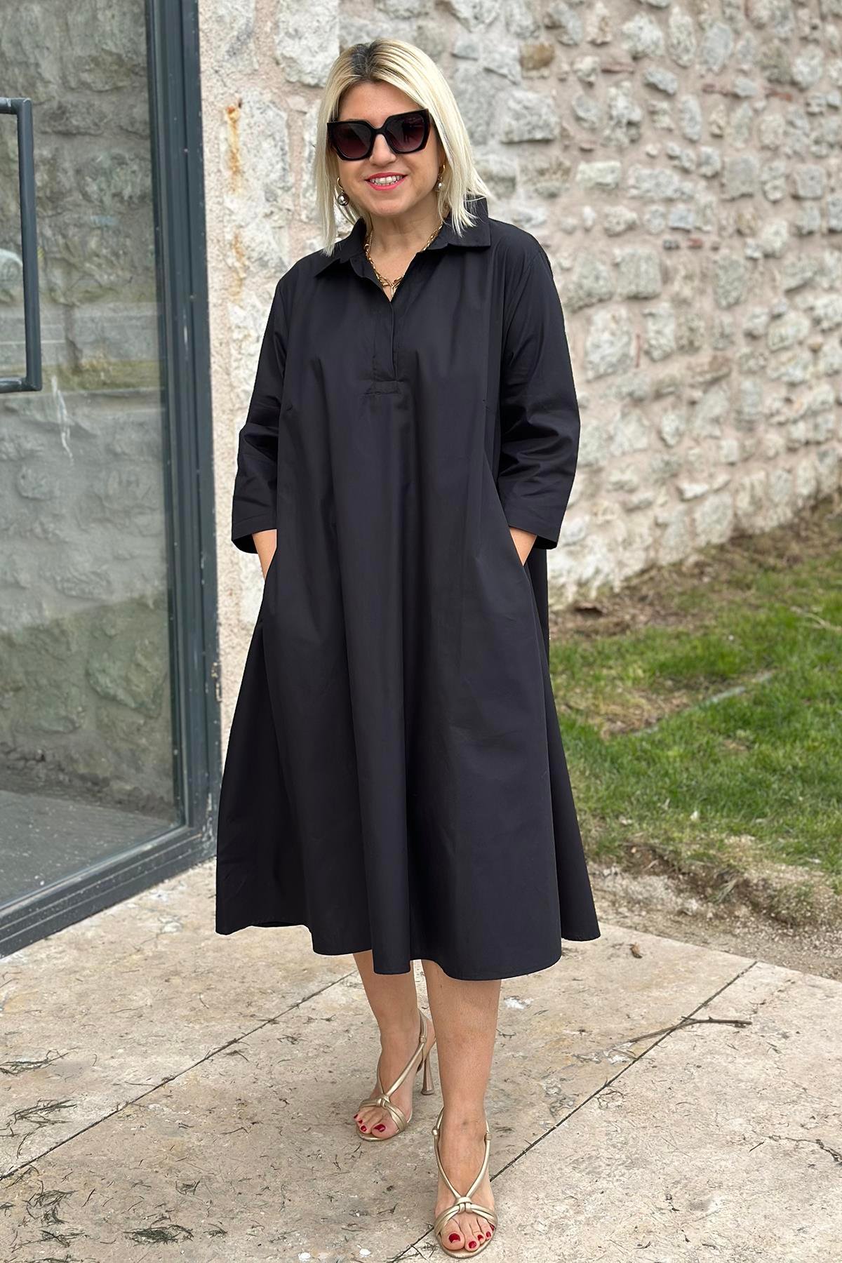 Siyah Polo Yaka Salaş Cotton Çift Cepli ElbiseELB2401230-SIYAH-S