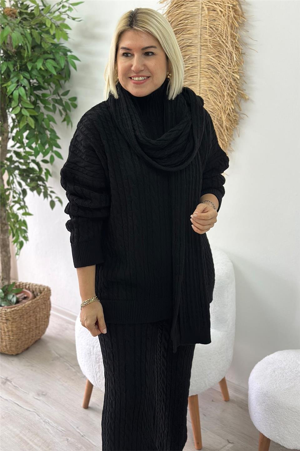 Siyah Saç Örgü Atkılı TakımUTK2501141-SIYAH-STD