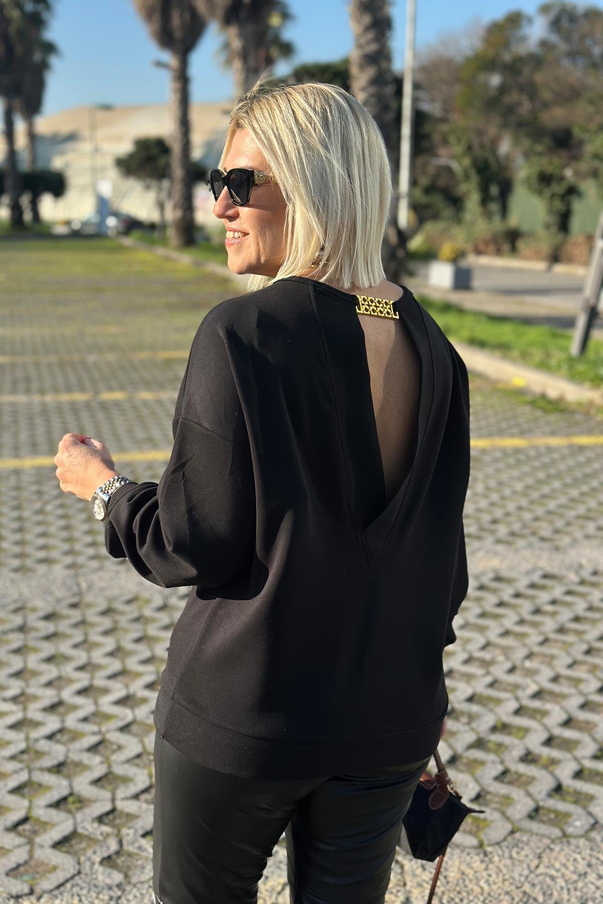 Siyah Sırtı Zincir Detay Modal SweatshirtUSW0243012-SIYAH-S