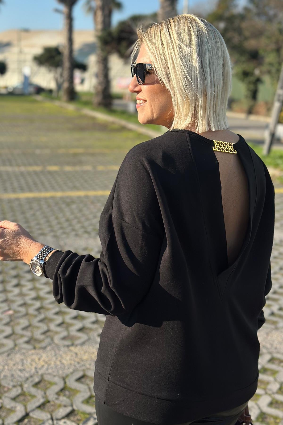 Siyah Sırtı Zincir Detay Modal SweatshirtUSW0243012-SIYAH-S