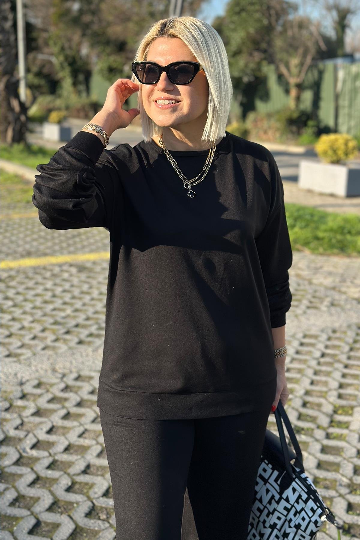 Siyah Sırtı Zincir Detay Penye TakımUTK2501143-SIYAH-S