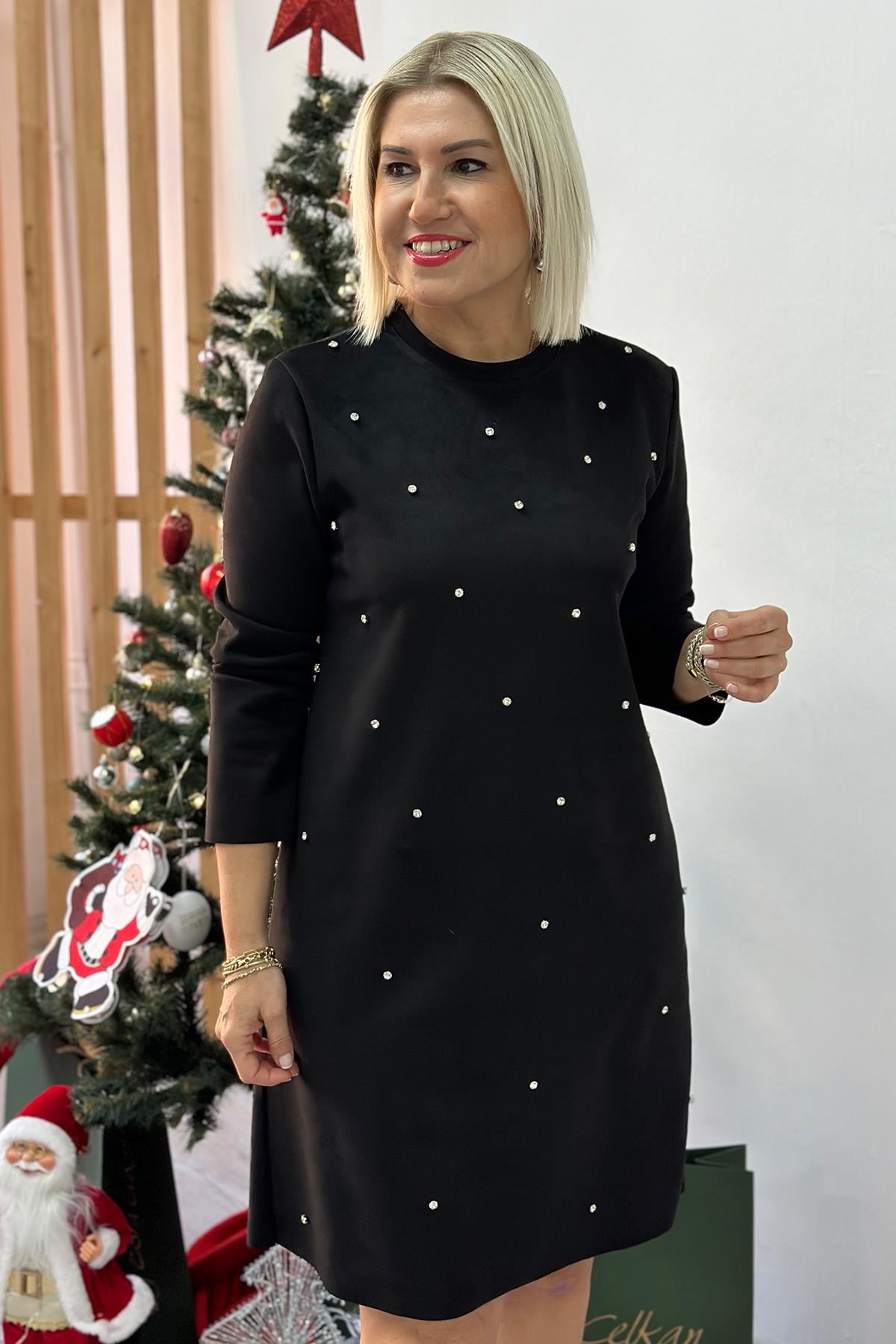 Siyah Taş İşlemeli Süet ElbiseELB2401205-SIYAH-42