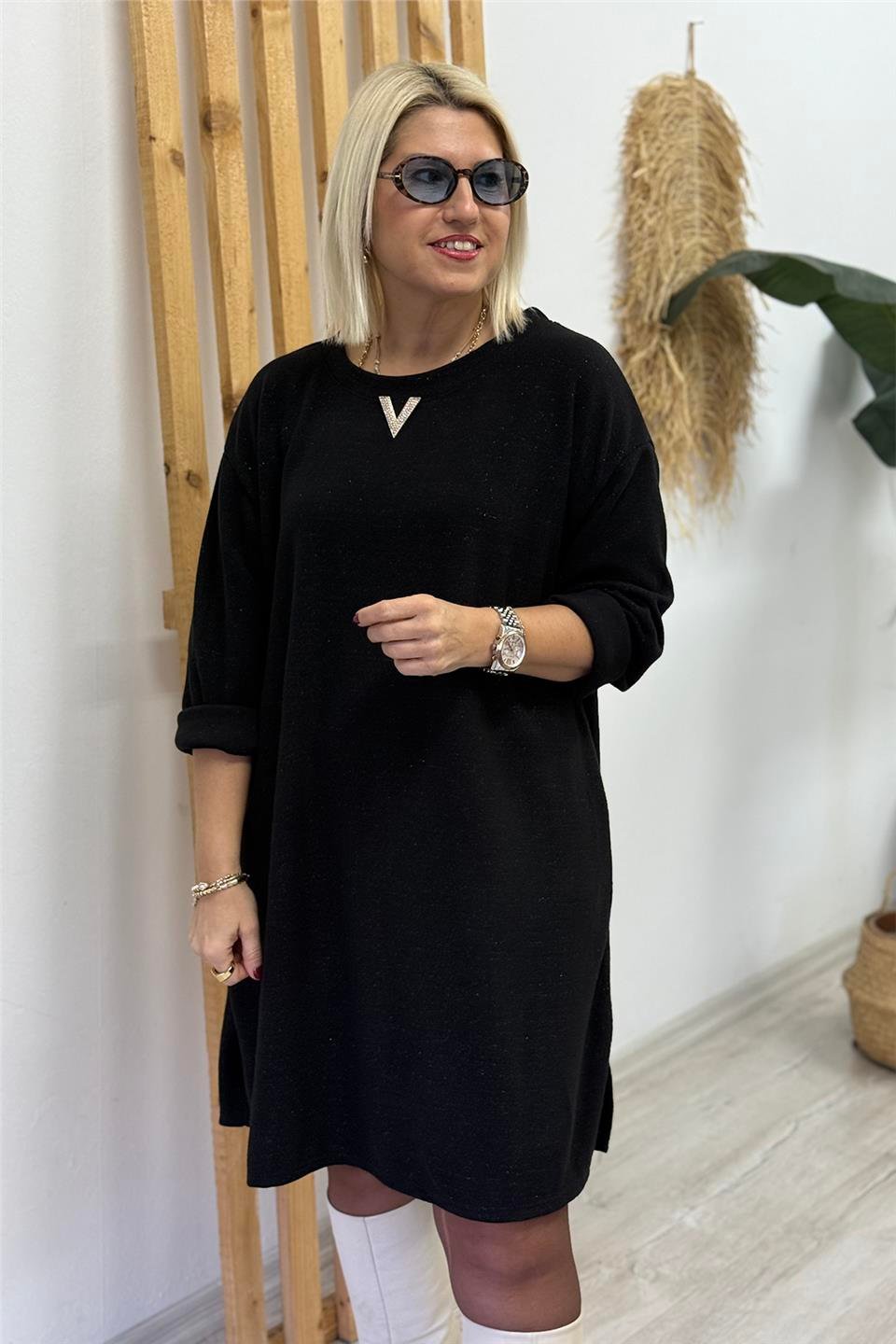 Siyah Taşlı Aksesuar İğneli Triko Örme ElbiseELB26001001-SIYAH-STD