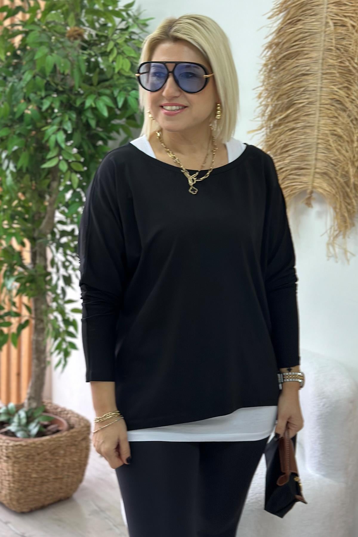 Siyah Tshirt Detaylı İkili Penye BluzUBL2412228-SIYAH-S