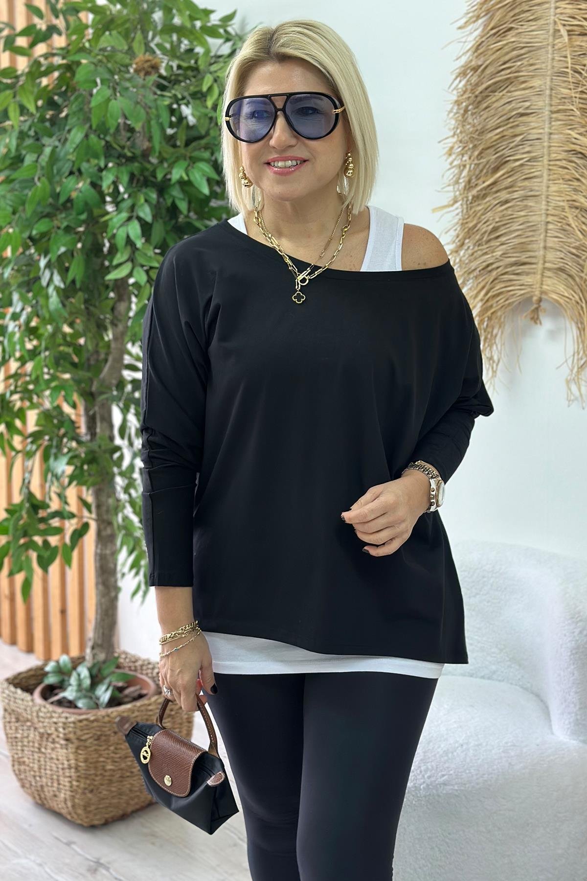 Siyah Tshirt Detaylı İkili Penye BluzUBL2412228-SIYAH-S