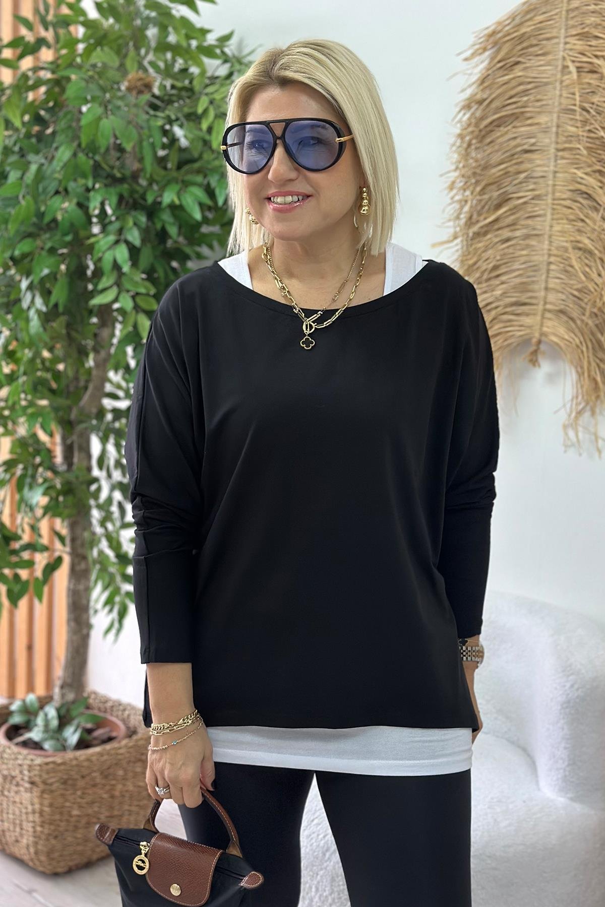 Siyah Tshirt Detaylı İkili Penye BluzUBL2412228-SIYAH-S
