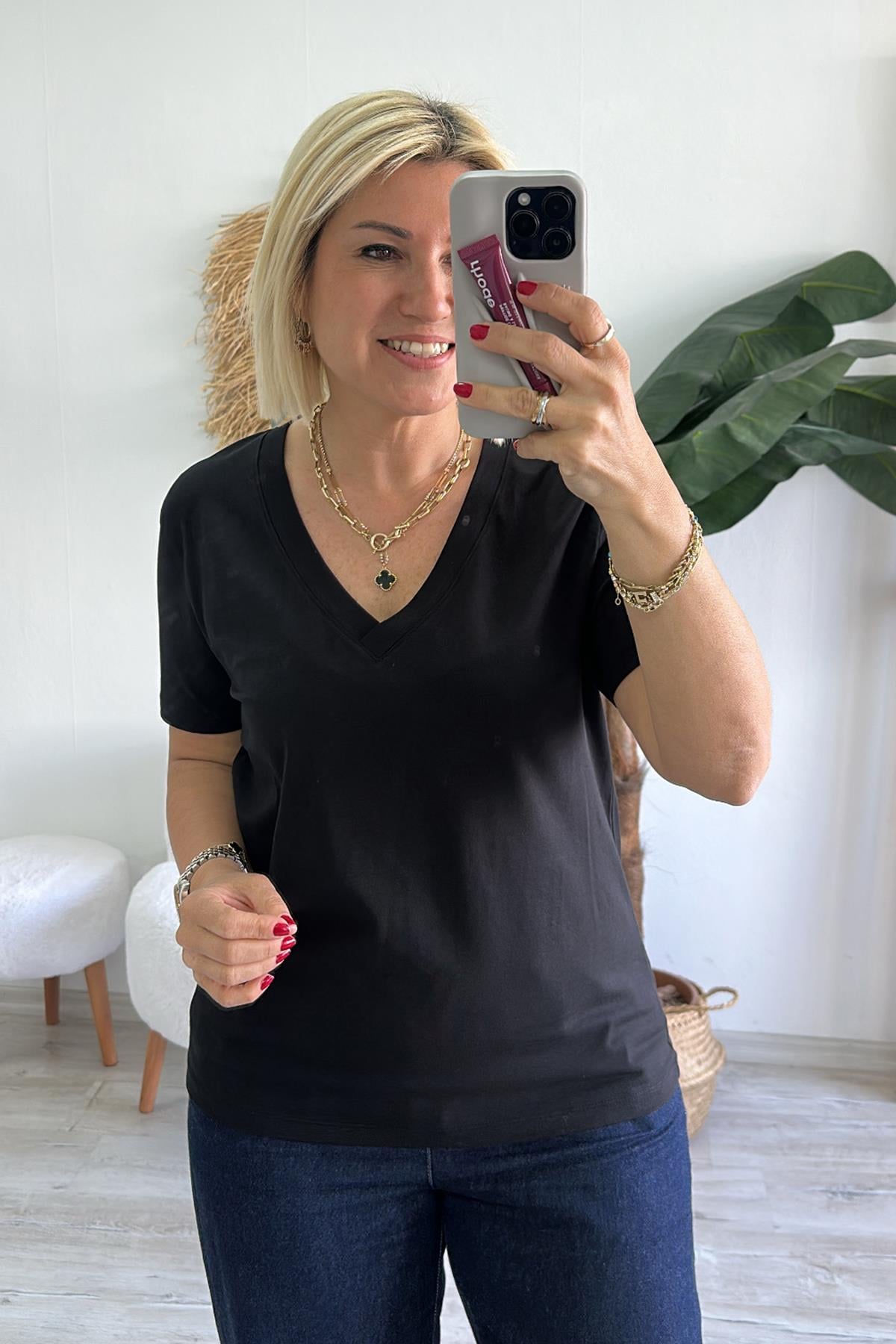 Siyah V Yaka Basic Penye Lycralı TshirtUTS25002067-SIYAH-S