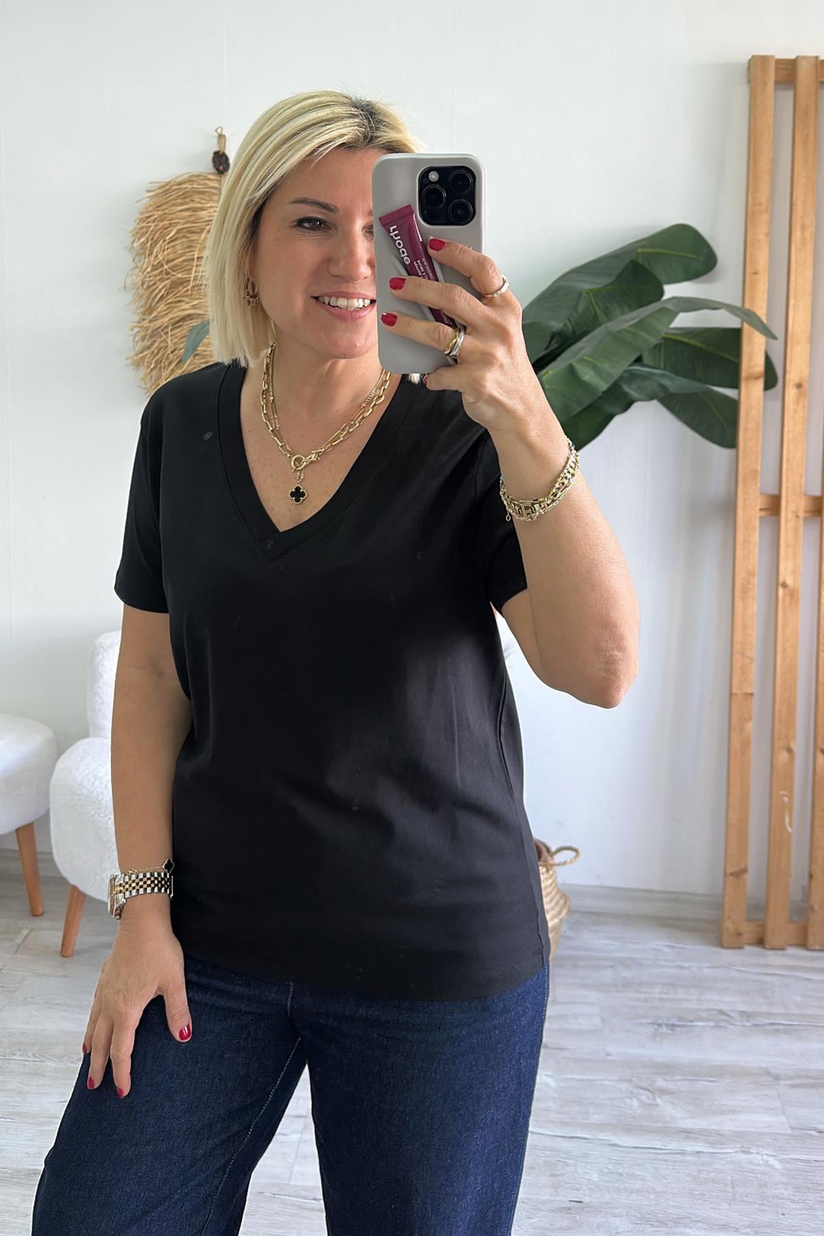 Siyah V Yaka Basic Penye Lycralı TshirtUTS25002067-SIYAH-S
