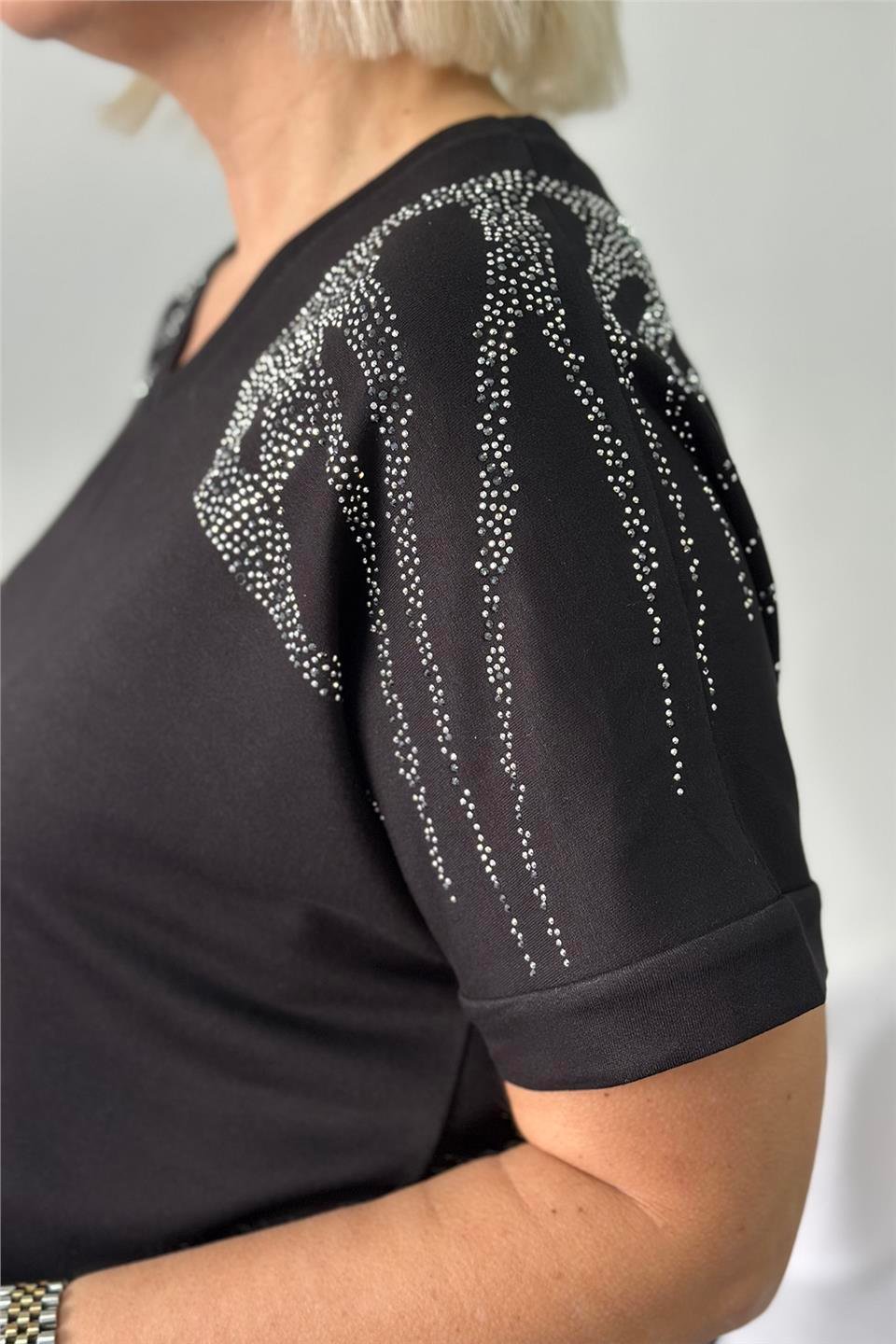 Siyah V Yaka Omuzları Melek Kanatlı Taşlı Penye TShirtUTS25002063-SIYAH-M/L