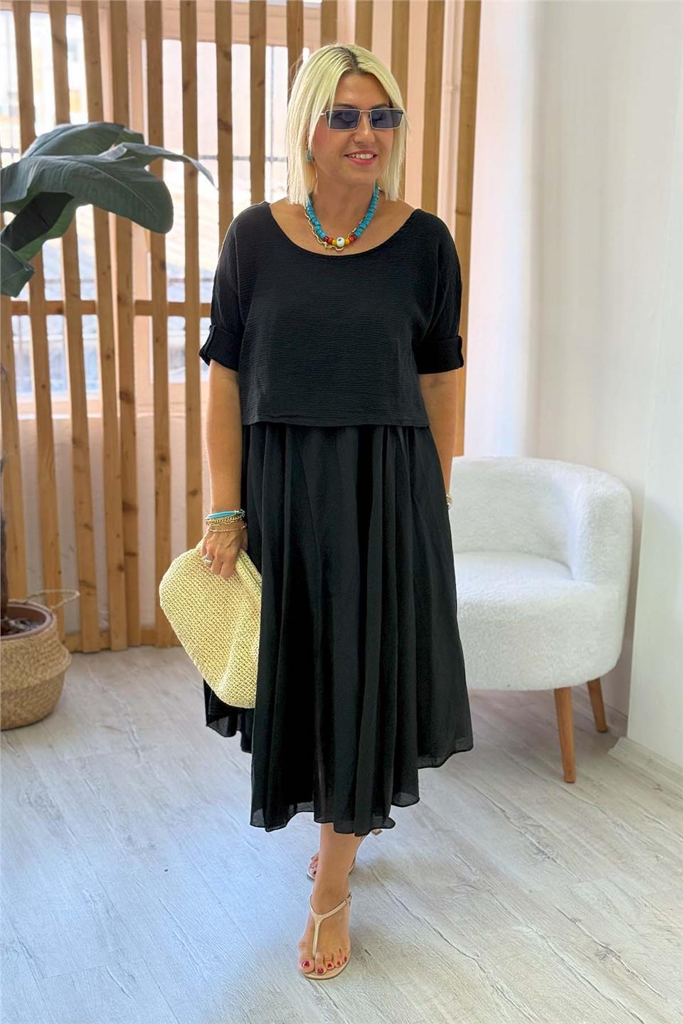 Siyah Verev Kesim Pamuk Askılı İçi Astarlı Belerolu ElbiseELB2401347-SIYAH-STD