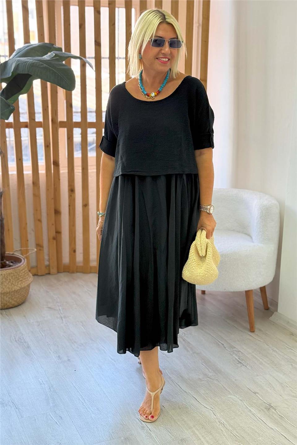 Siyah Verev Kesim Pamuk Askılı İçi Astarlı Belerolu ElbiseELB2401347-SIYAH-STD