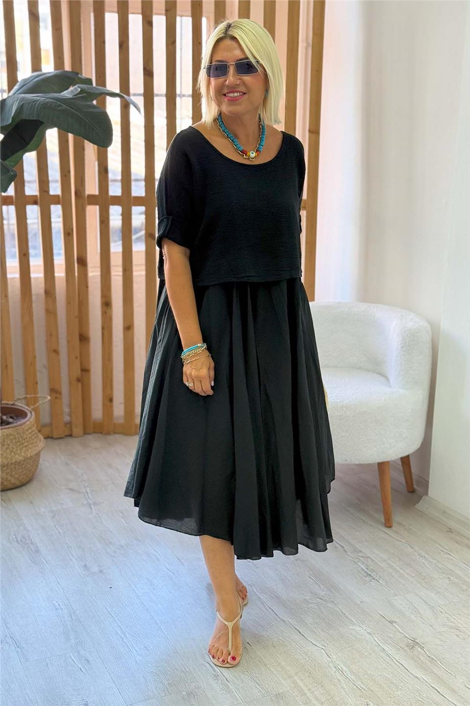Siyah Verev Kesim Pamuk Askılı İçi Astarlı Belerolu ElbiseELB2401347-SIYAH-STD
