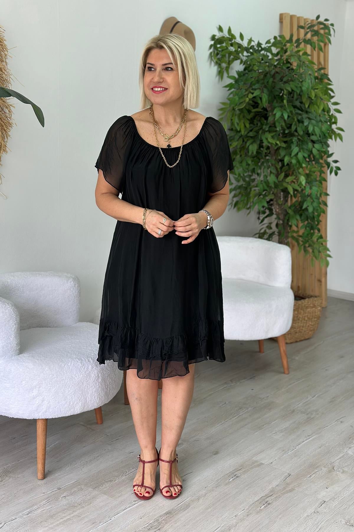 Siyah Yaka Lastikli Astarlı İpek Şifon ElbiseELB2401233-SIYAH-STD