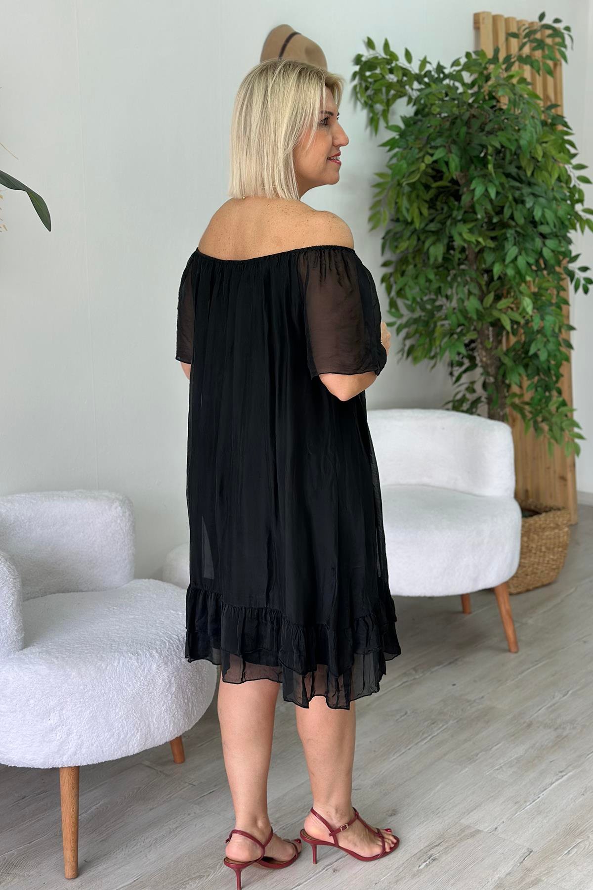 Siyah Yaka Lastikli Astarlı İpek Şifon ElbiseELB2401233-SIYAH-STD