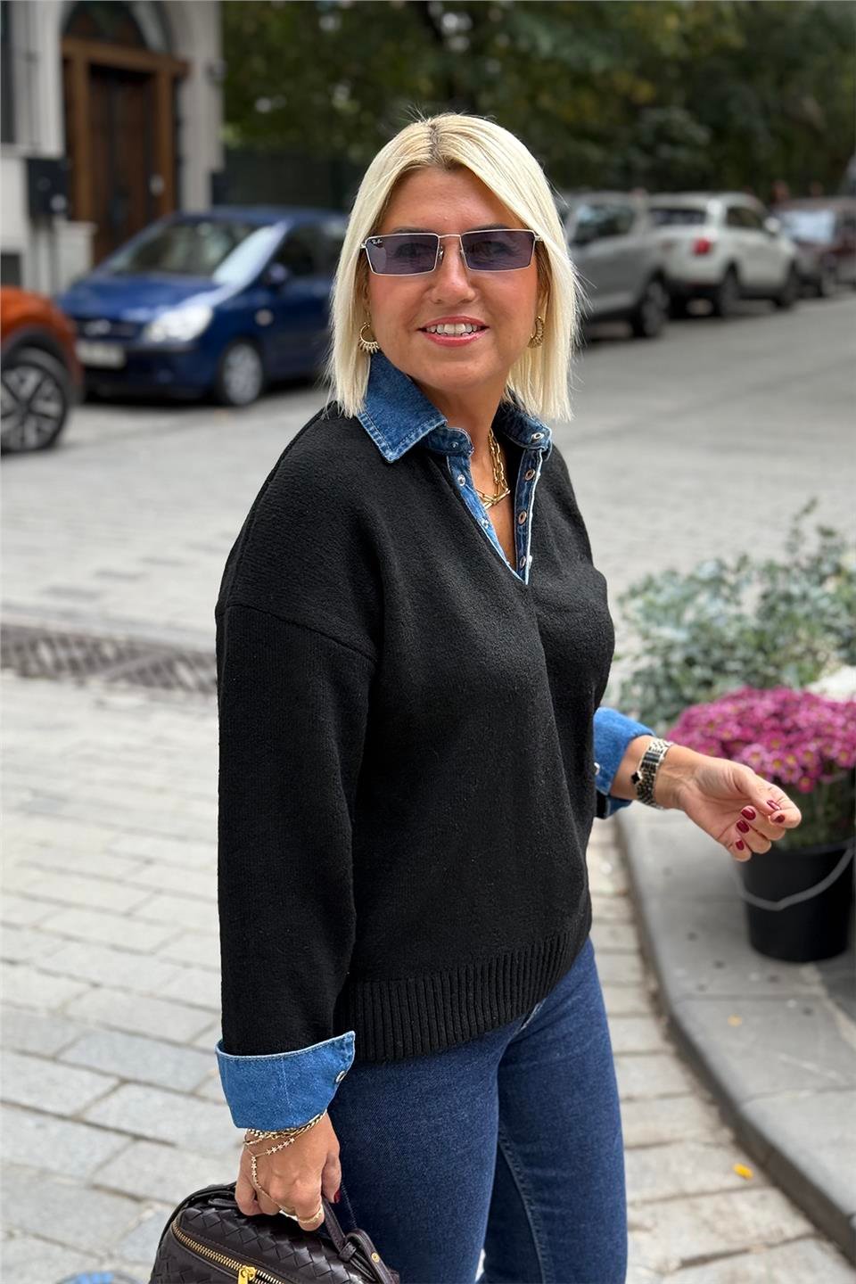 Siyah Yaka ve Kol Denim Garnili Polo Yaka KazakUT24110991-SIYAH-STD