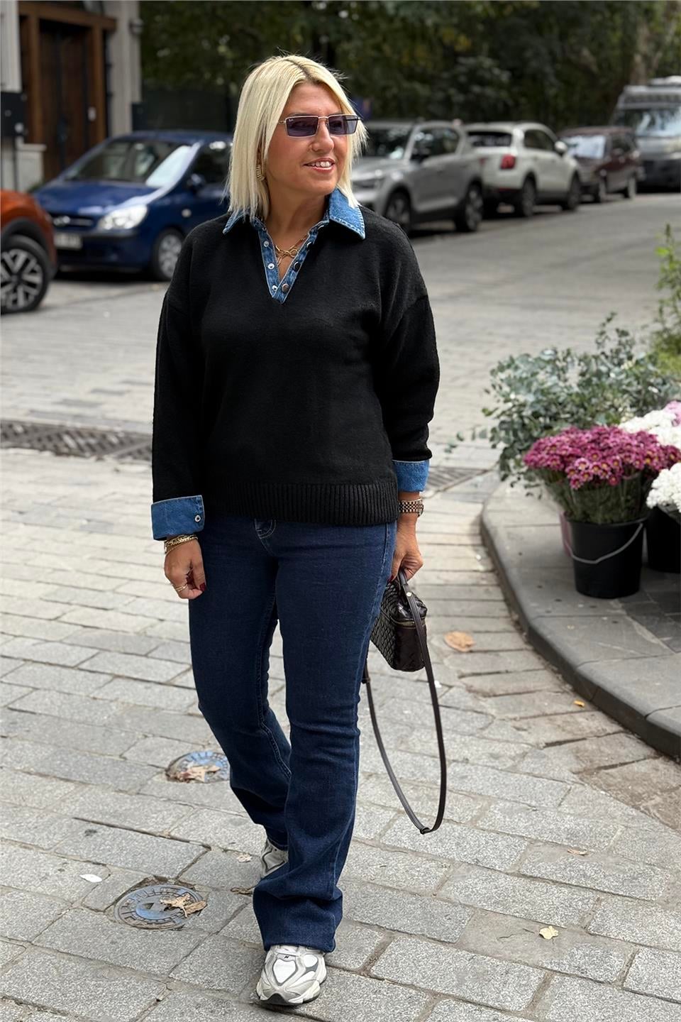 Siyah Yaka ve Kol Denim Garnili Polo Yaka KazakUT24110991-SIYAH-STD