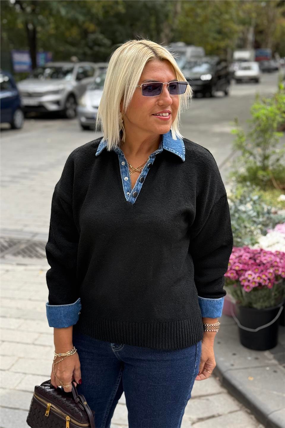 Siyah Yaka ve Kol Denim Garnili Polo Yaka KazakUT24110991-SIYAH-STD
