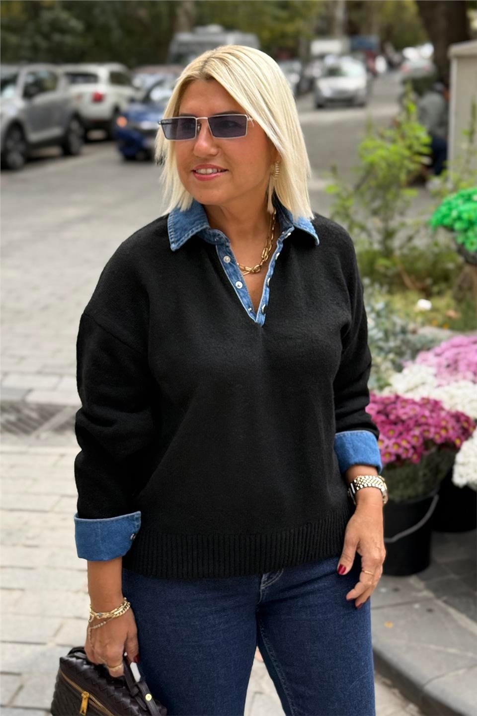 Siyah Yaka ve Kol Denim Garnili Polo Yaka KazakUT24110991-SIYAH-STD