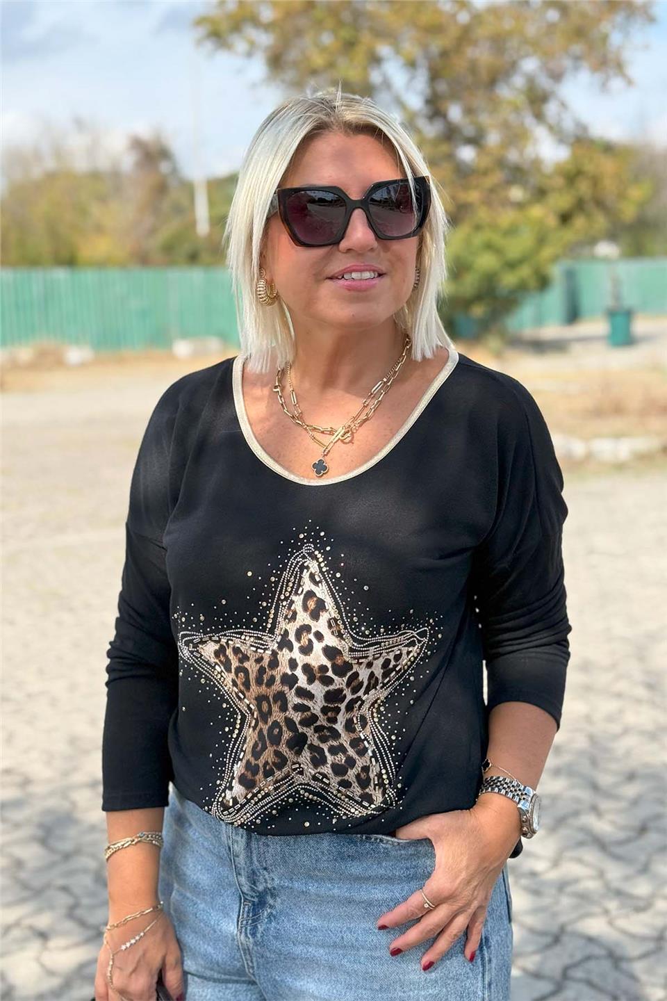 Siyah Yıldız Baskılı İthal Pamuk BluzUBL2412247-SIYAH-STD
