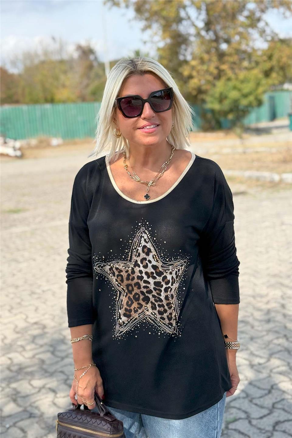 Siyah Yıldız Baskılı İthal Pamuk BluzUBL2412247-SIYAH-STD