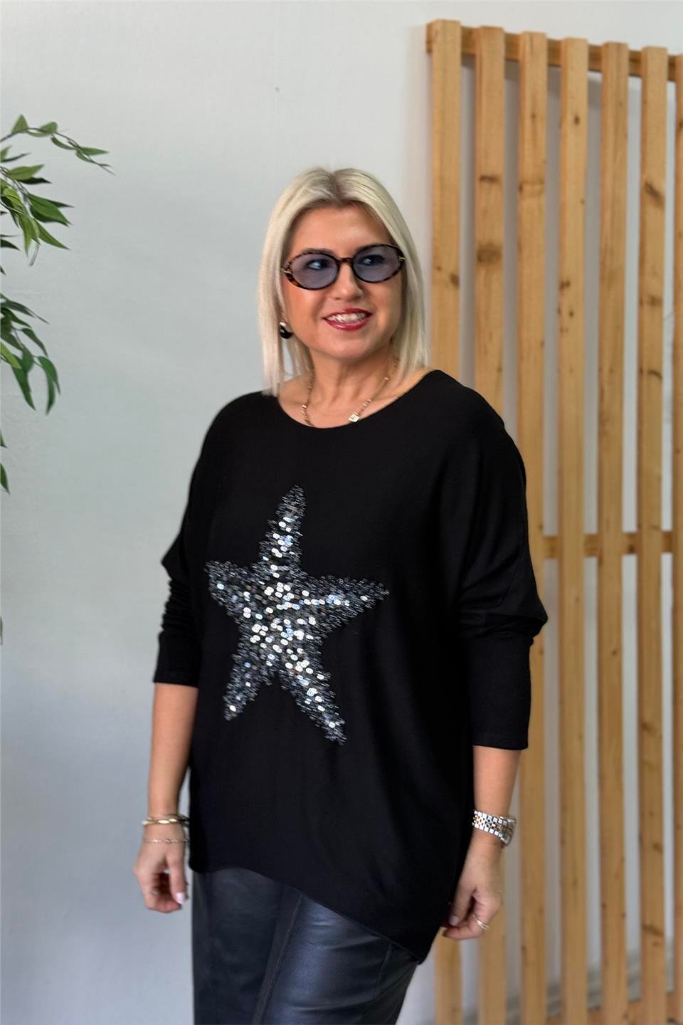 Siyah Yıldız İşlemeli Verev Kesim Tunik BluzUBL2412260-SIYAH-STD