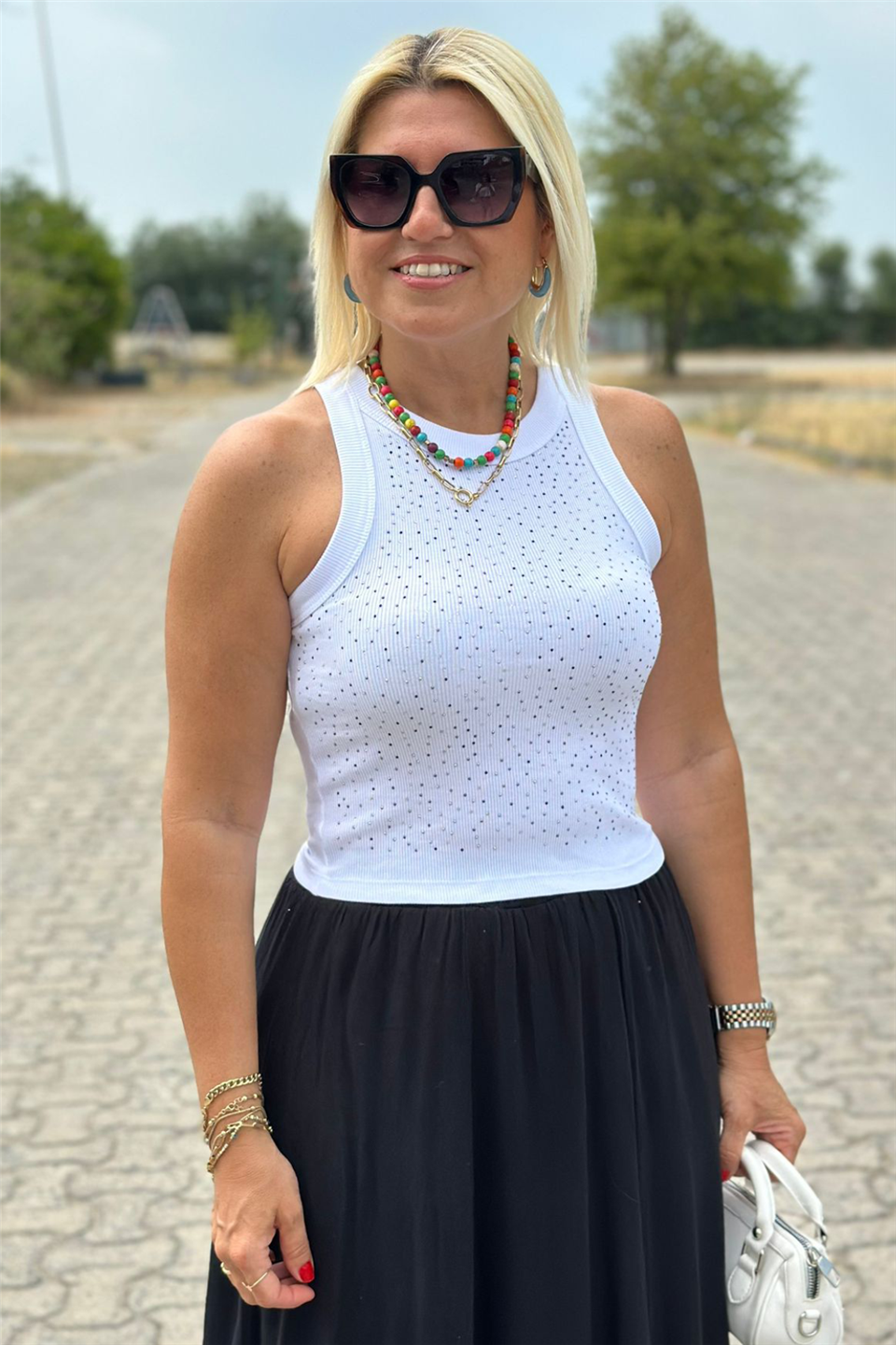 Taş Baskılı Beyaz Crop AtletUY211022-BEYAZ-S