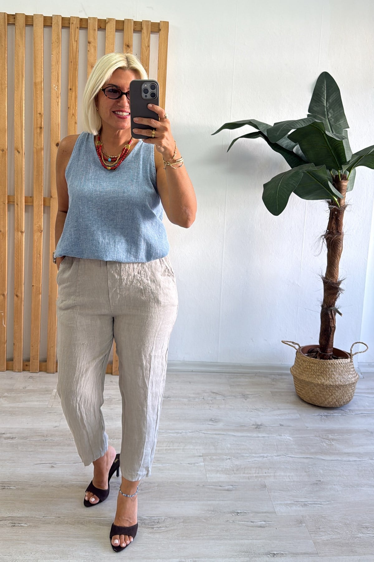 Taş Beli Kemer Detaylı Keten PantolonAK224047-TAS-STD