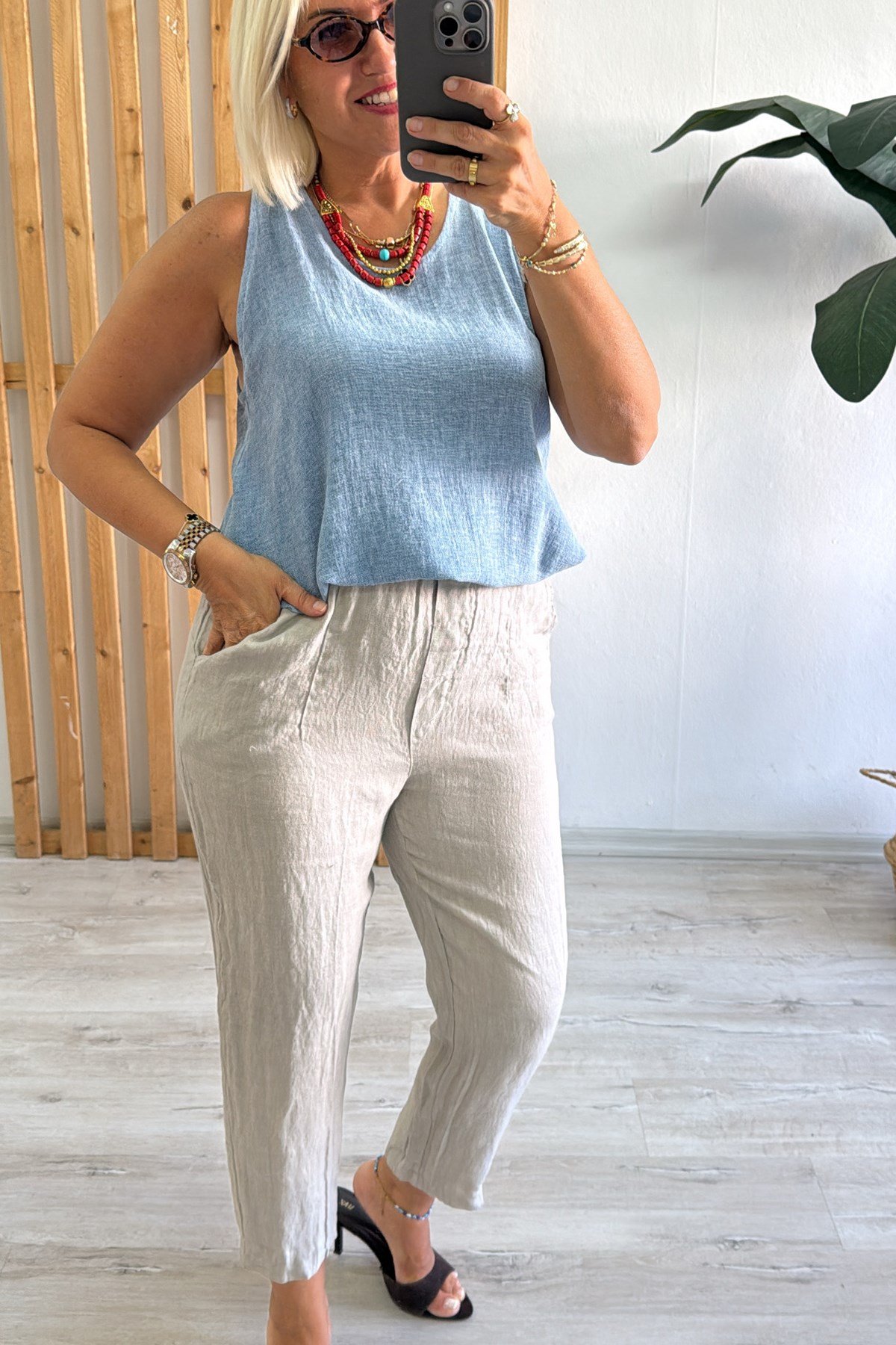 Taş Beli Kemer Detaylı Keten PantolonAK224047-TAS-STD