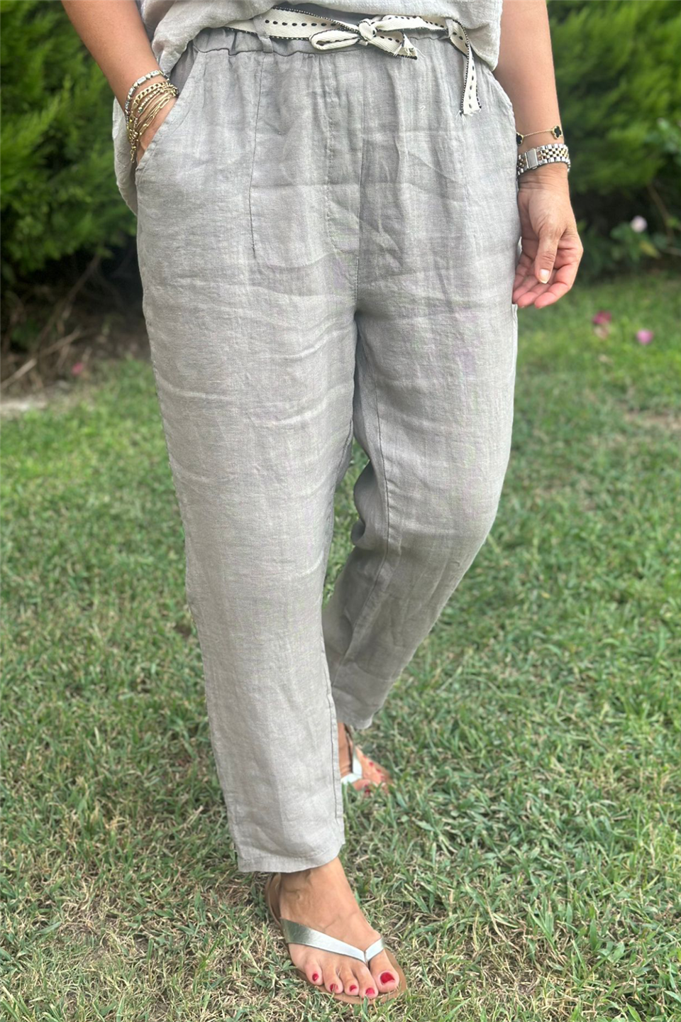 Taş Beli Kemer Detaylı Keten PantolonAK224047-TAS-STD
