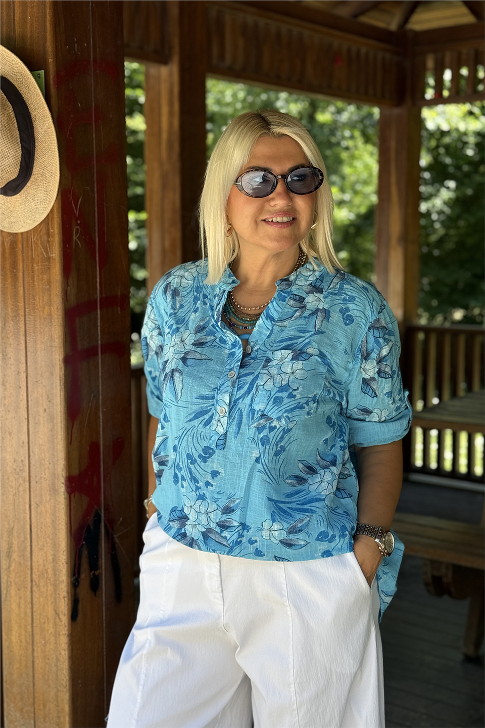 Turkuaz Yasemin'in Yaprağı Desen Düğmeli GömlekGM20260043-TURKUAZ-STD