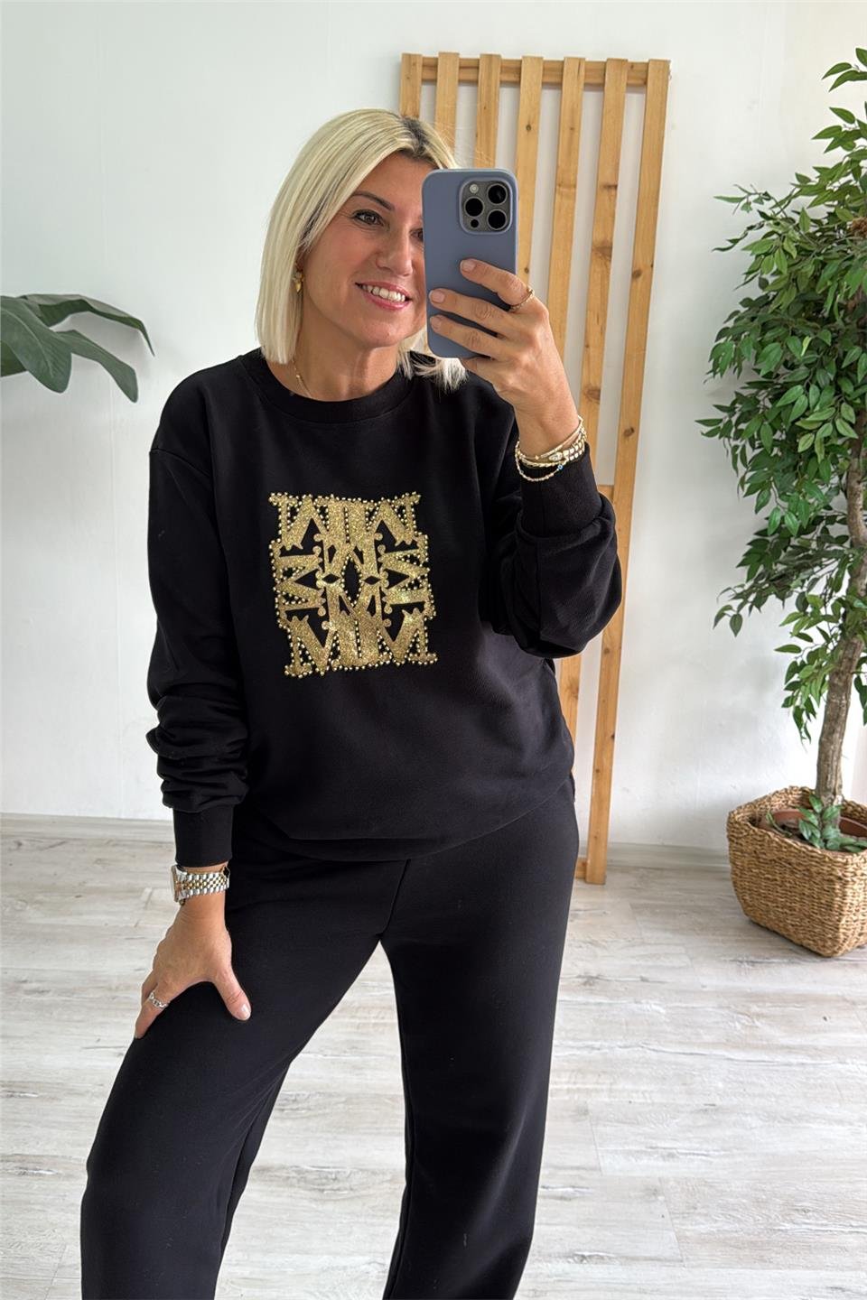 Varak Taş Baskılı Siyah SweatUSW0243019-SIYAH-S