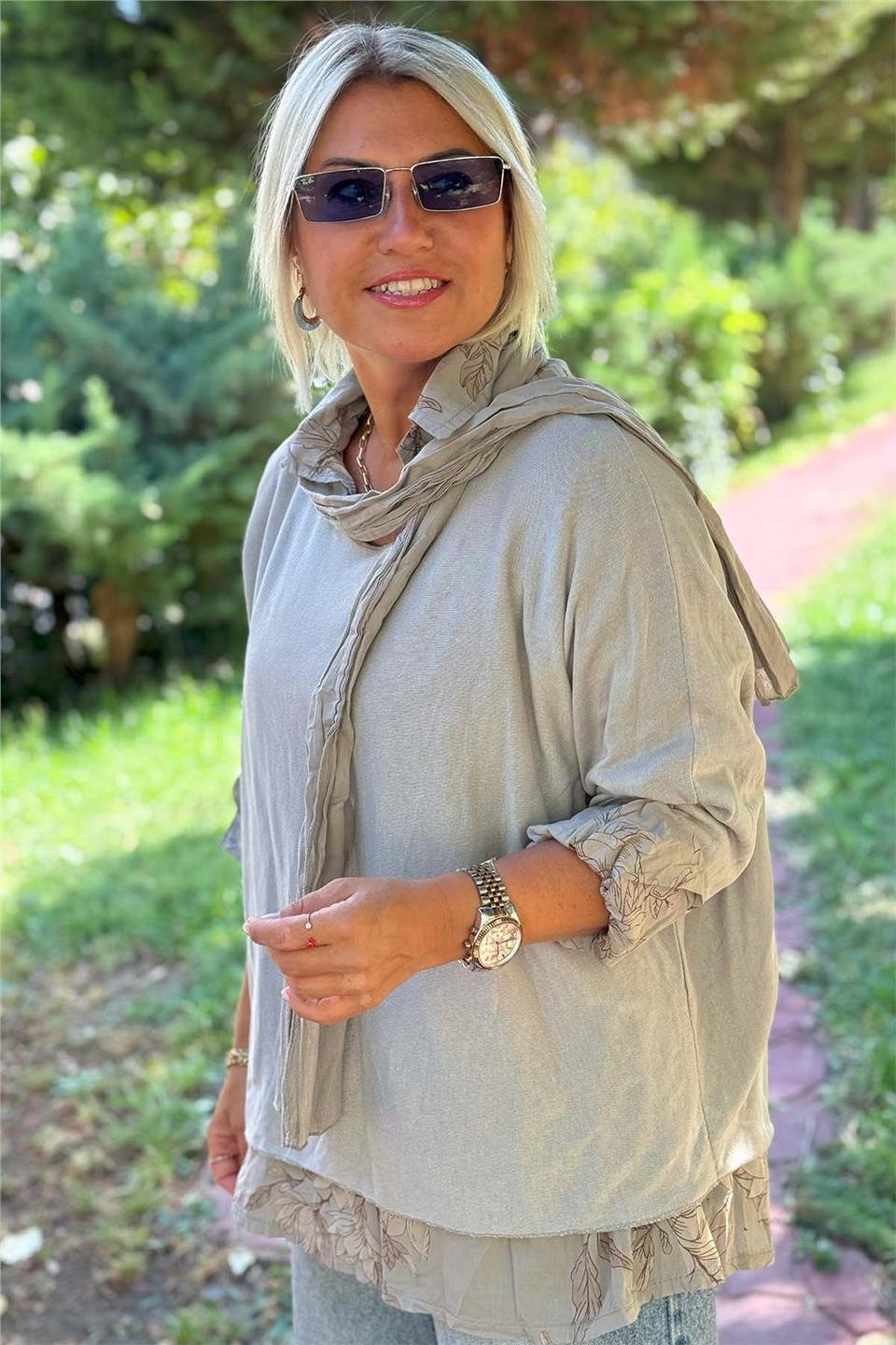 Vizon Manolya Desen Gömlekli Pamuklu BluzUBL2412245-VIZON-STD