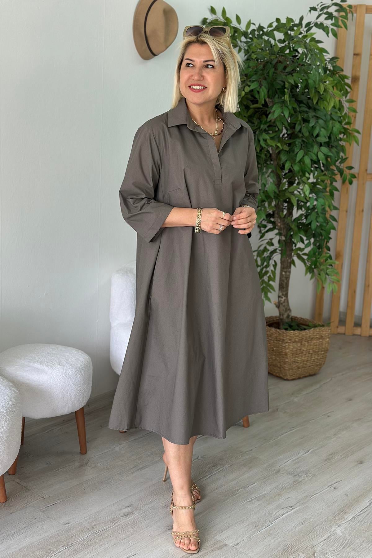 Vizon Polo Yaka Salaş Cotton Çift Cepli ElbiseELB2401230-VIZON-S