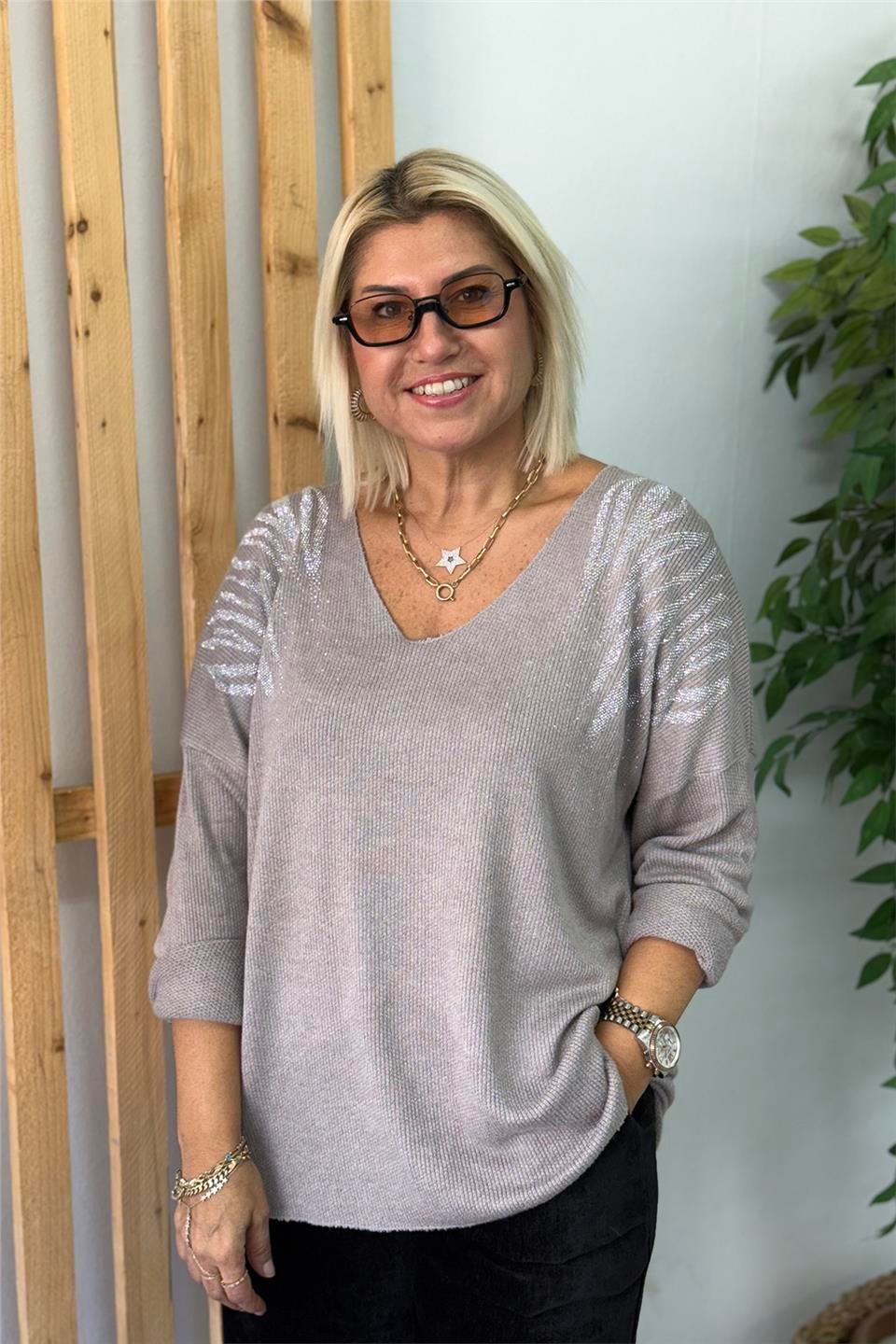 Vizon V Yaka Omuz Pul İşlemeli Tunik Pamuk TrikoUT24111003-VIZON-STD