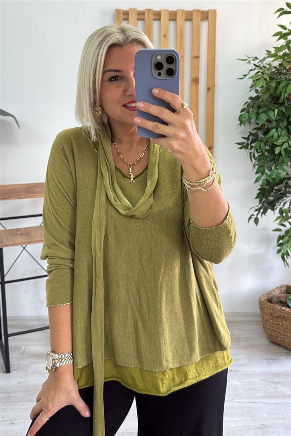 Yağ Yeşili İçi Tshirt Detay Fularlı Pamuk BluzUBL2412254-YAGYESILI-STD