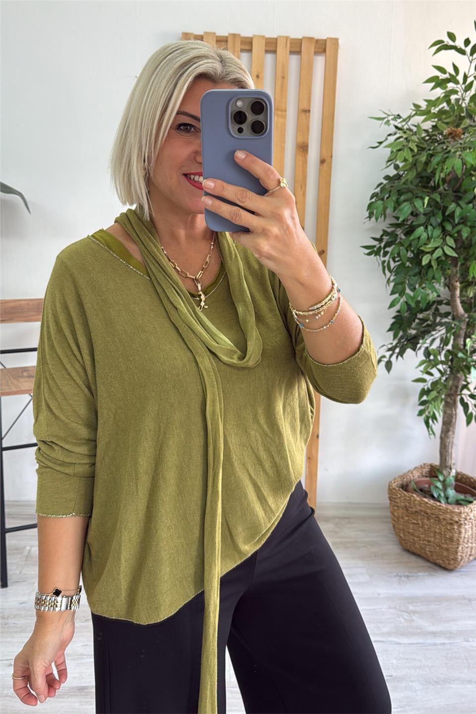Yağ Yeşili İçi Tshirt Detay Fularlı Pamuk BluzUBL2412254-YAGYESILI-STD