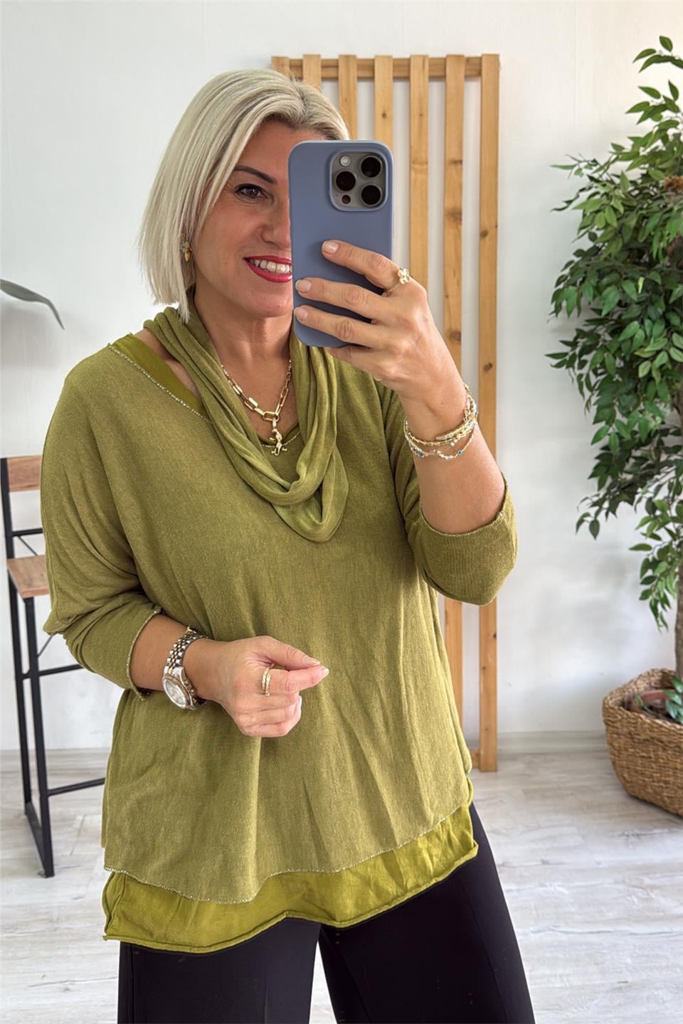 Yağ Yeşili İçi Tshirt Detay Fularlı Pamuk BluzUBL2412254-YAGYESILI-STD