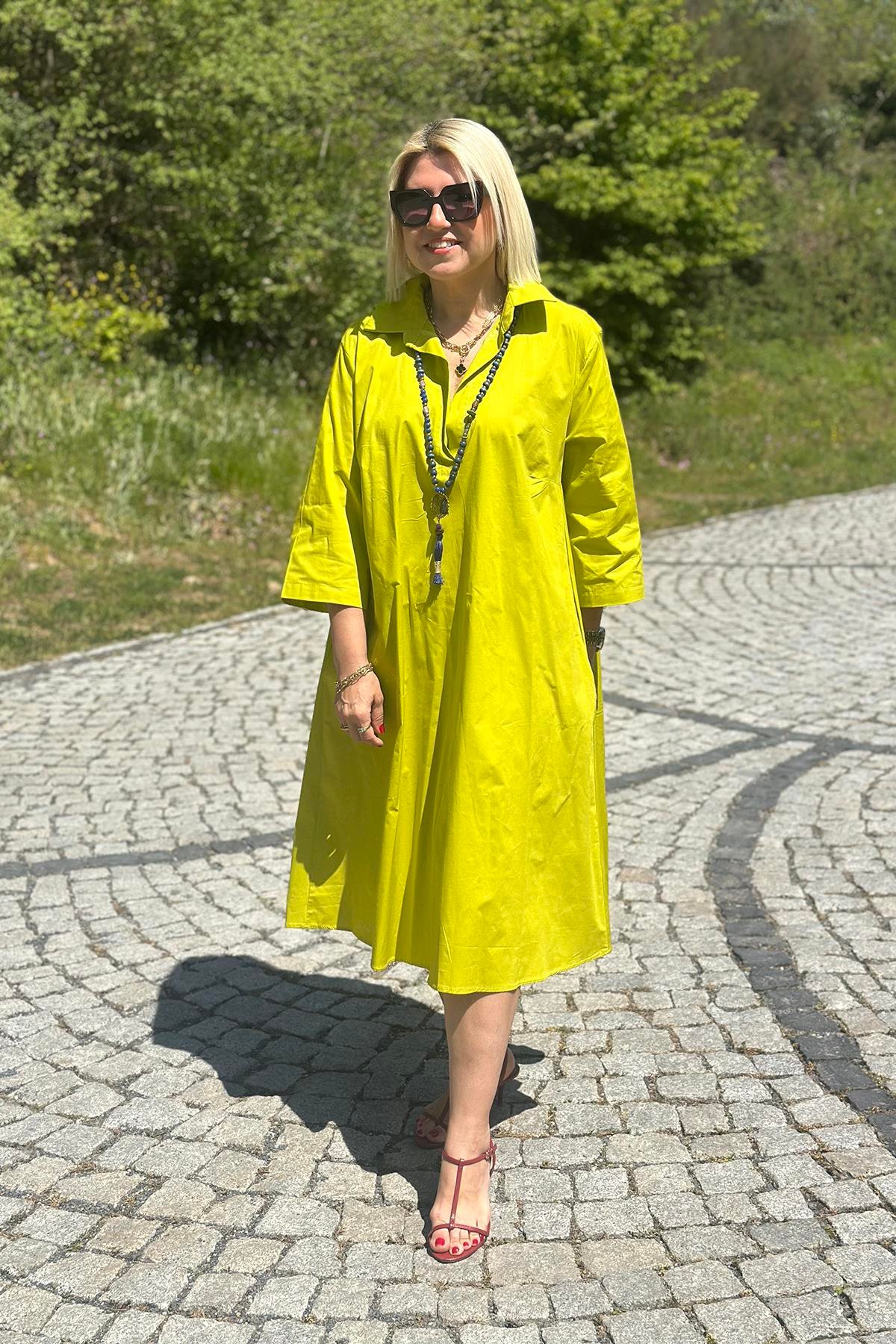 Yağ Yeşili Polo Yaka Salaş Cotton Çift Cepli ElbiseELB2401230-YAGYESILI-S