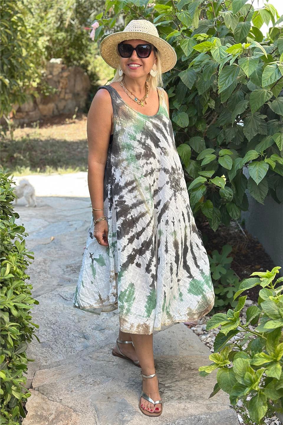 Yeşil Batik Spiral Desen Kolsuz Pamuk ElbiseELB2401310-YESIL-STD