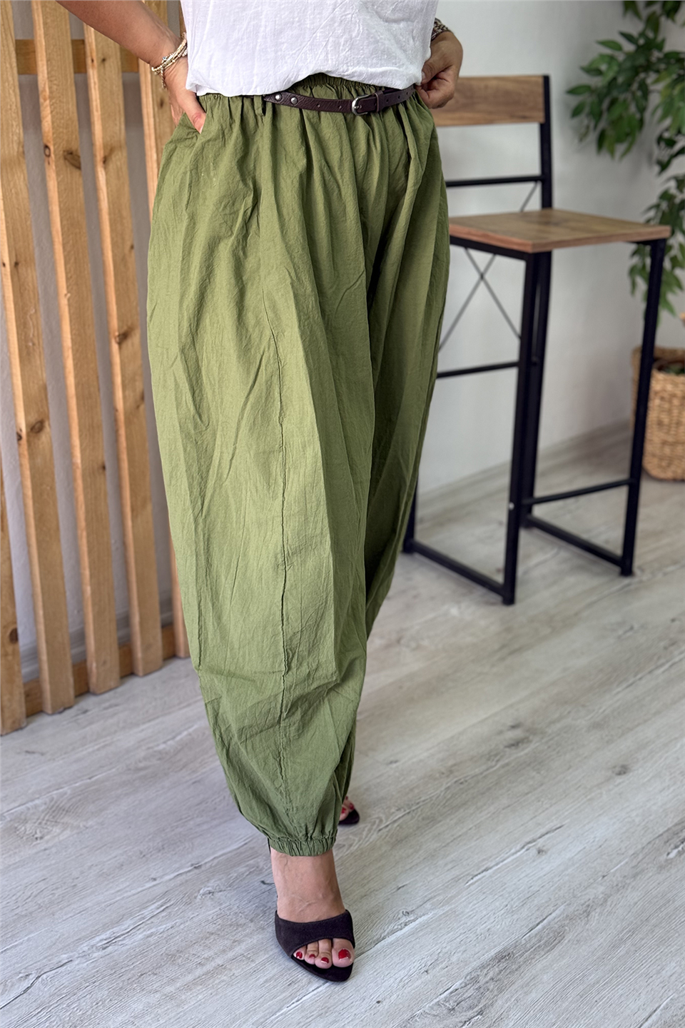 Yeşil Beli Kemer Detaylı Pamuk Şalvar PantolonAPNT20250984-YESIL-STANDART