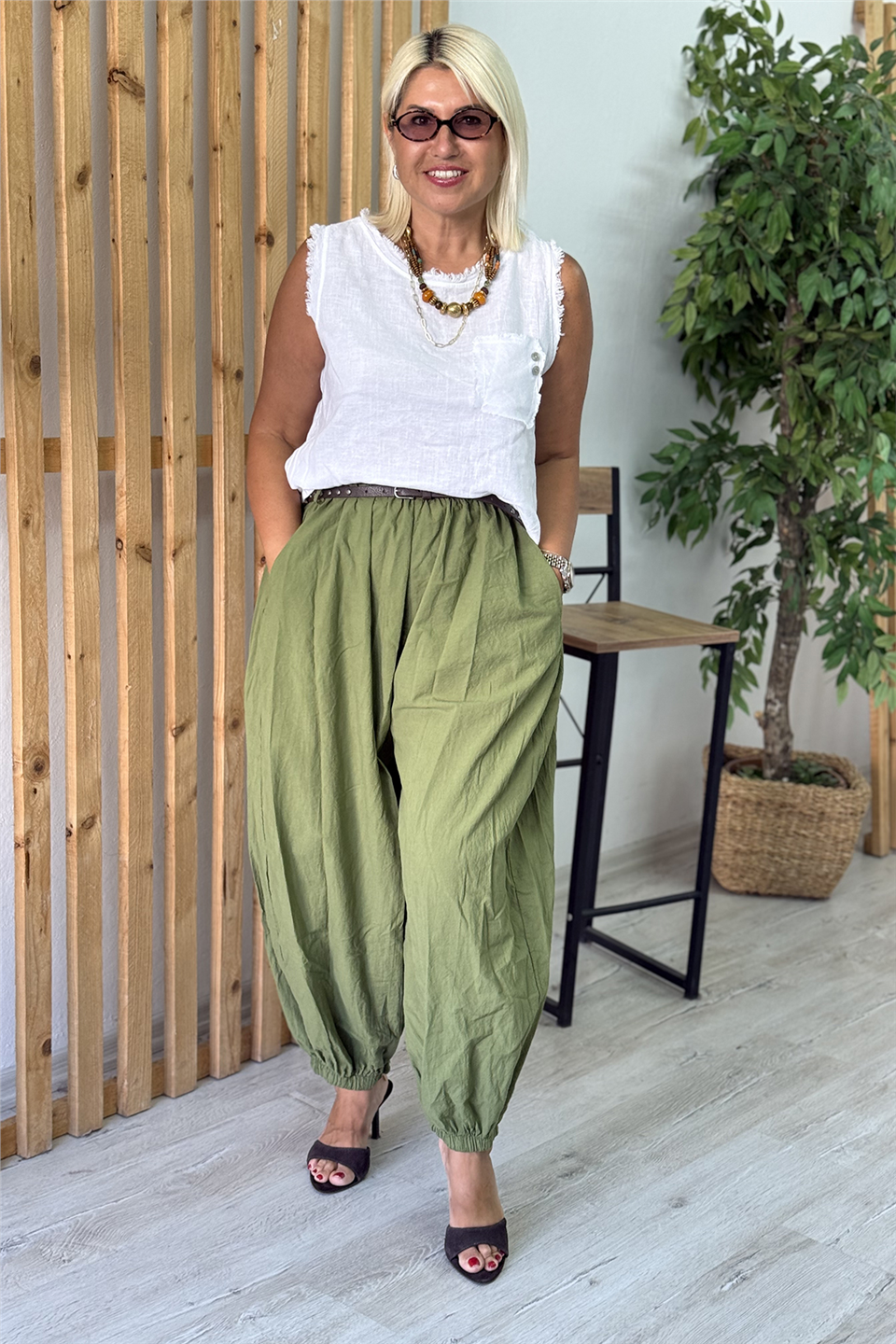 Yeşil Beli Kemer Detaylı Pamuk Şalvar PantolonAPNT20250984-YESIL-STANDART