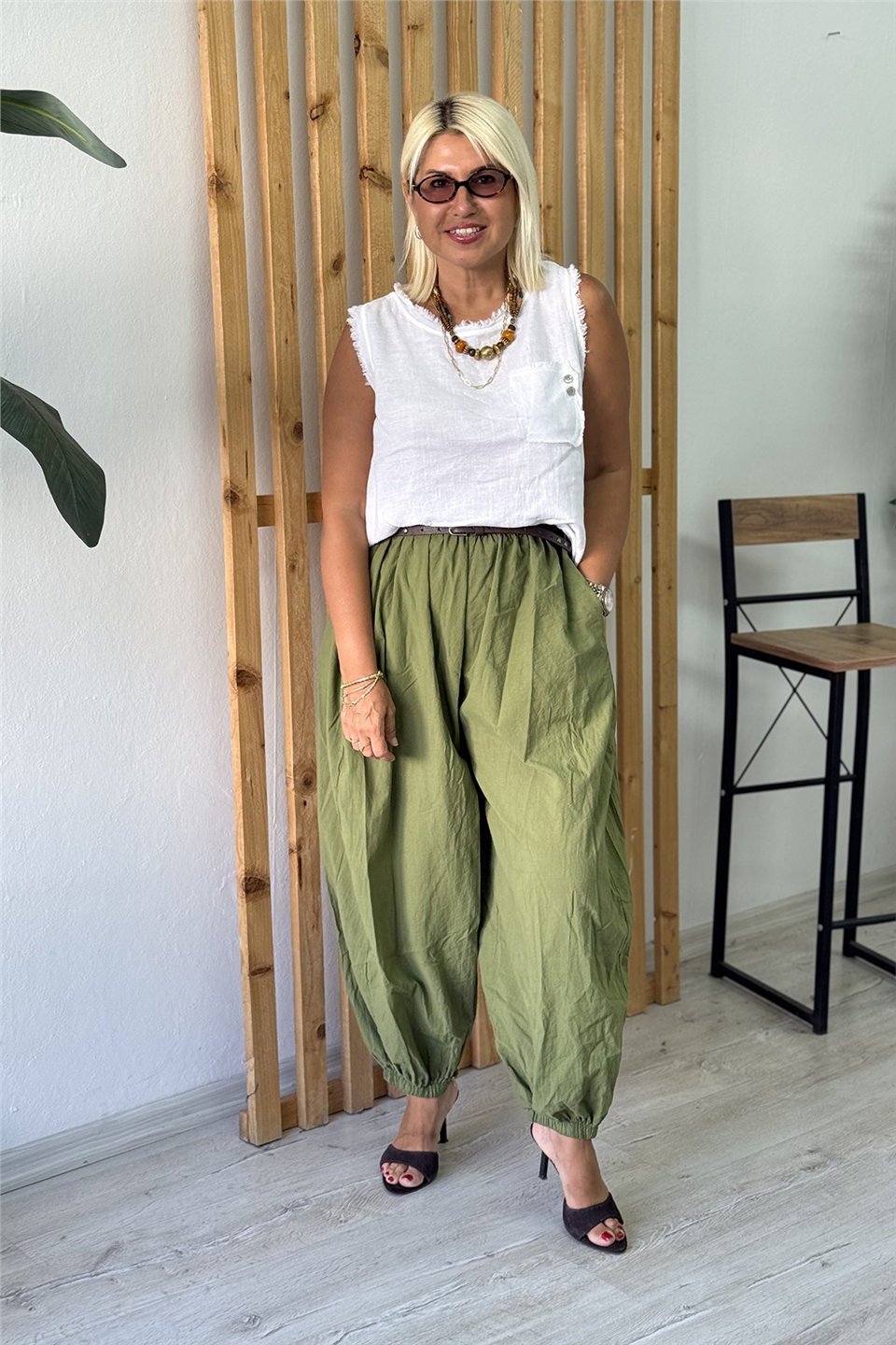 Yeşil Beli Kemer Detaylı Pamuk Şalvar PantolonAPNT20250984-YESIL-STANDART