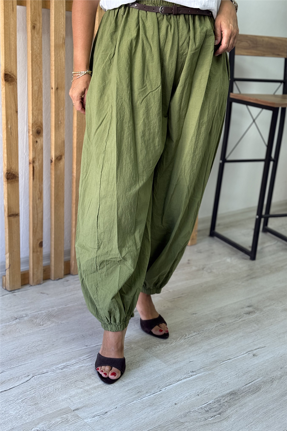 Yeşil Beli Kemer Detaylı Pamuk Şalvar PantolonAPNT20250984-YESIL-STANDART