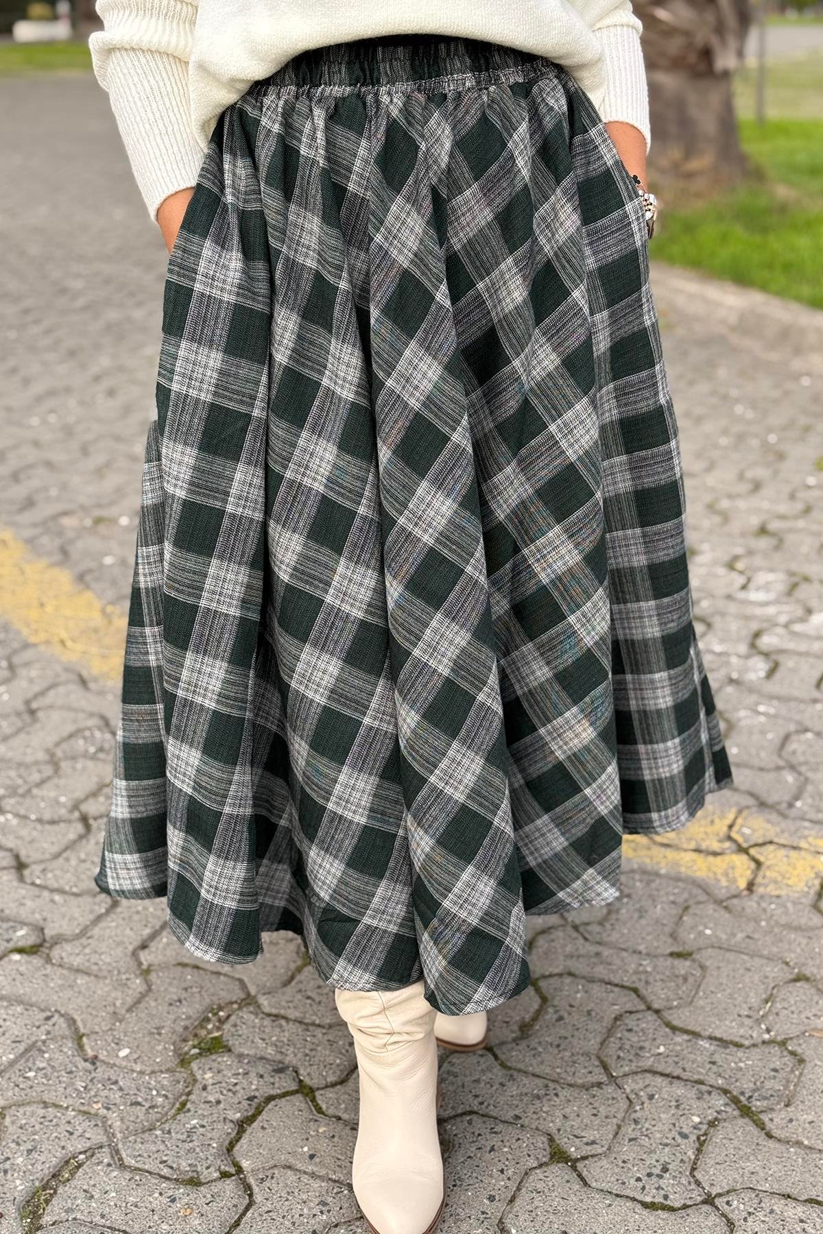 Yeşil Beli Lastikli Ekose Desen Cepli Kloş EtekAETK2500130-YESIL-S