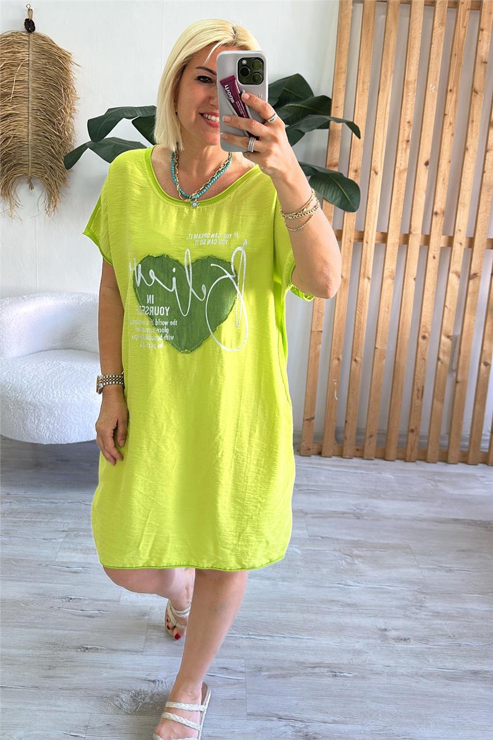 Yeşil Bisiklet Yaka Baskılı Ön Cotton Sırt Penye ElbiseELB2401281-YESIL-STD