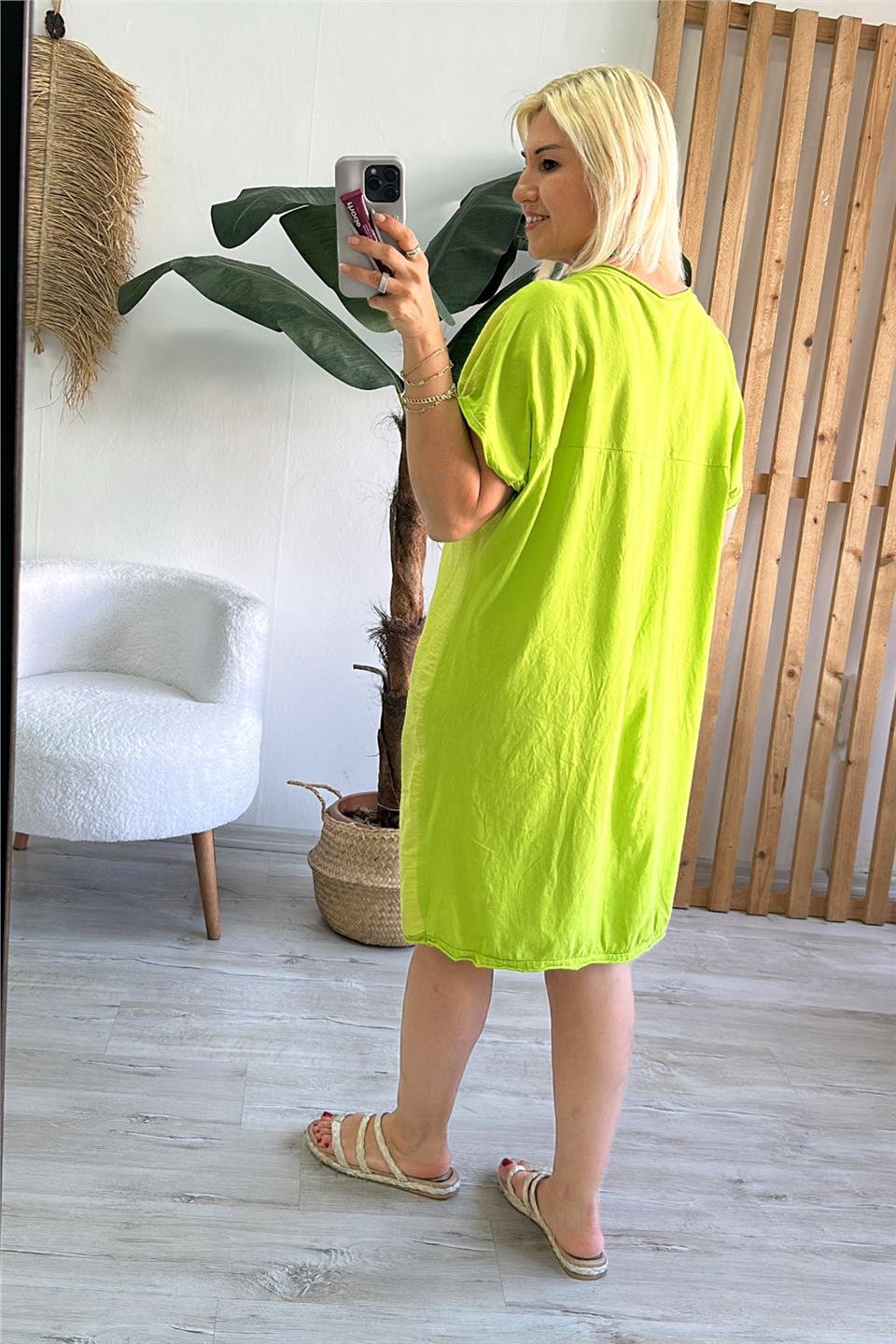 Yeşil Bisiklet Yaka Baskılı Ön Cotton Sırt Penye ElbiseELB2401281-YESIL-STD